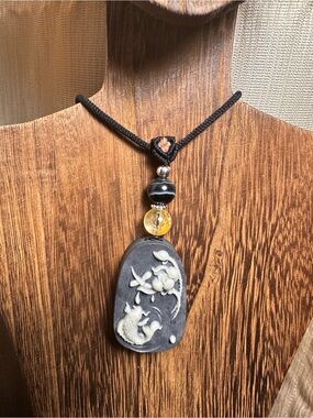 Tai Chi Stone Koi Fish, Lotus and Dragonfly Pendant Necklace on Black Rope
